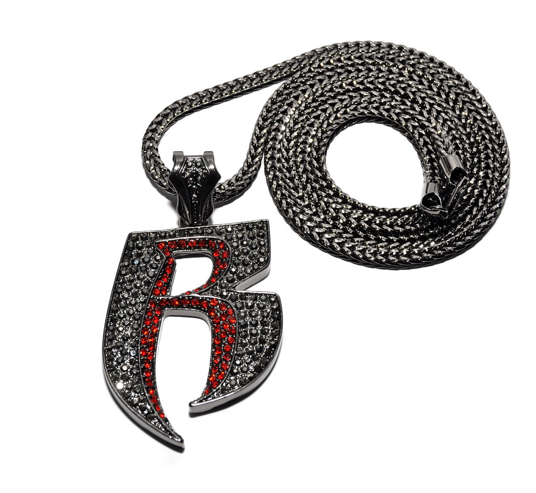 Black and Red Iced out R Pendant