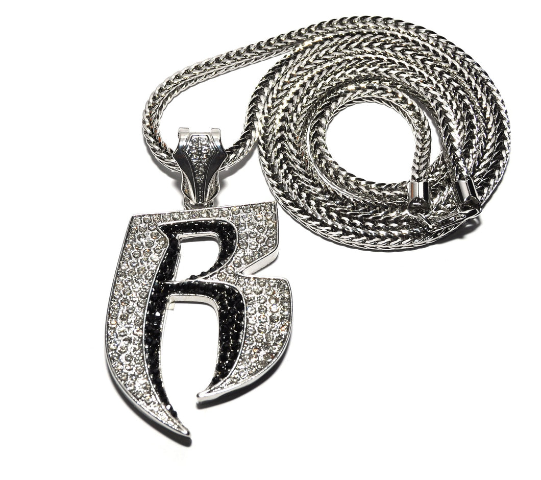 Silver with Black SL Iced out R Pendant