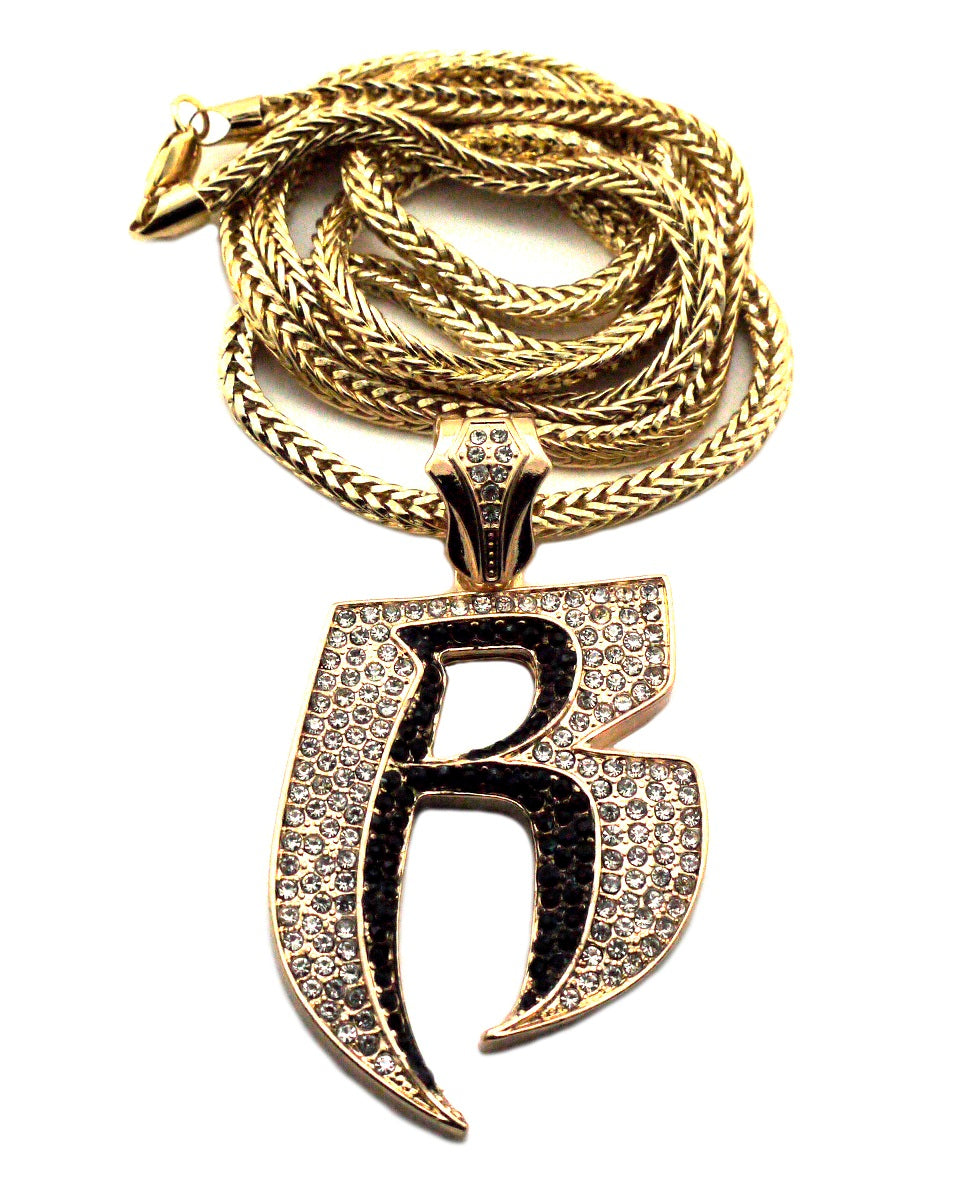 Gold with Black SL Iced out R Pendant