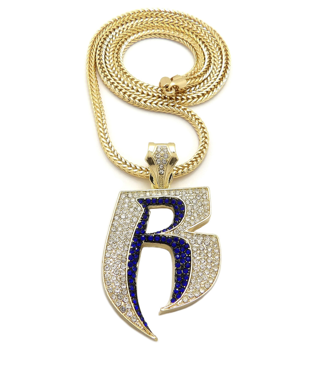 Gold with Blue  SL Iced out R Pendant