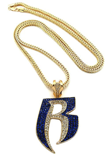 Gold with Blue  TH Iced out R Pendant