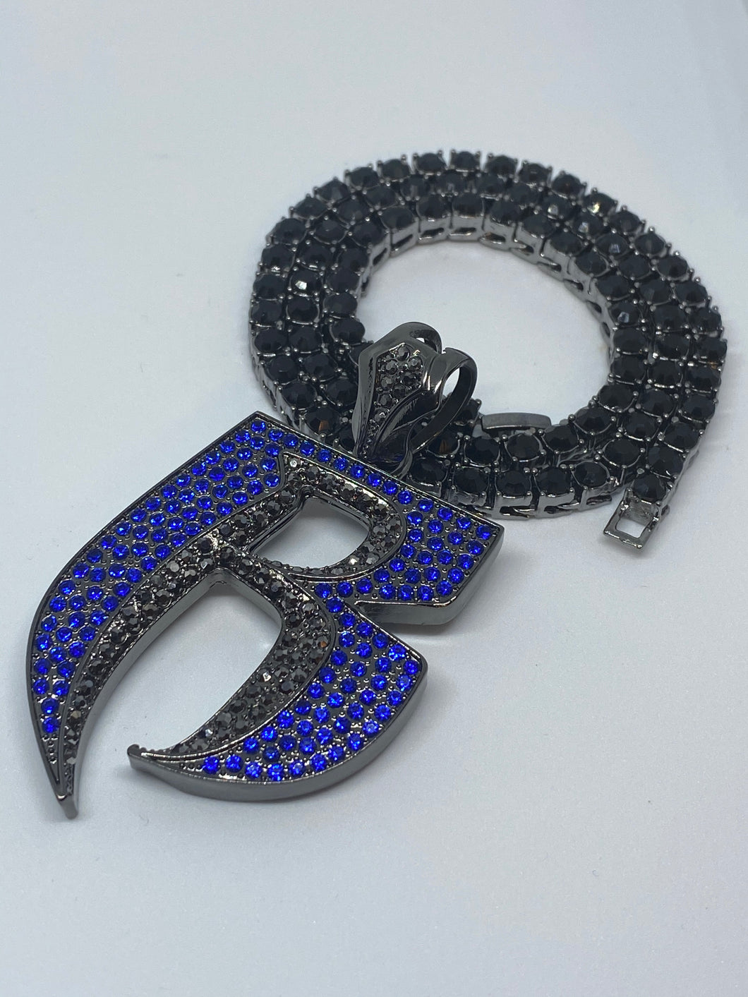 Black and Blue Iced out R Pendant