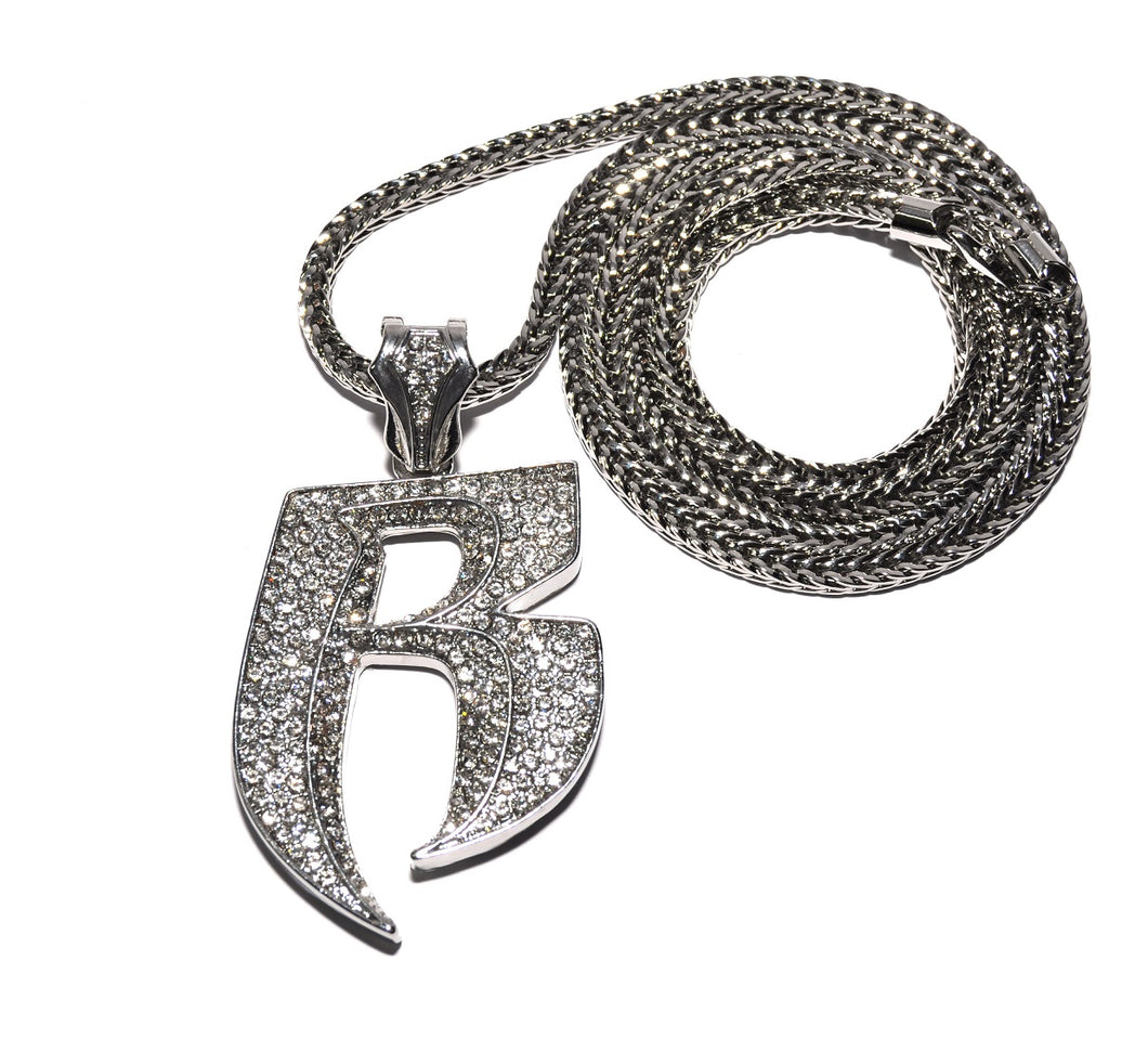 Silver Iced out R Pendant